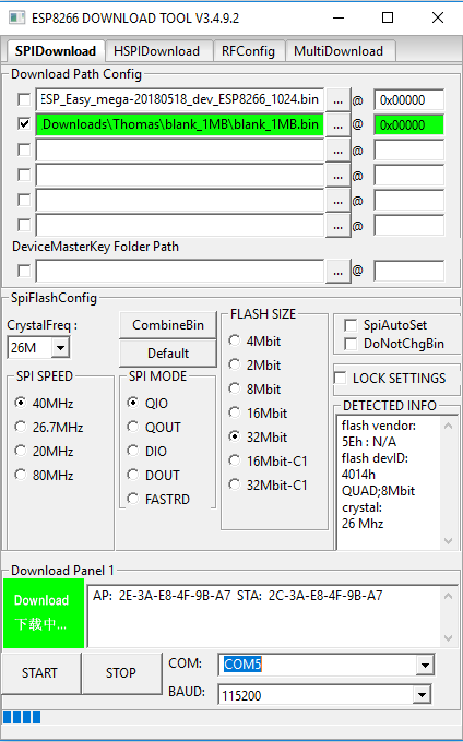 Réinitialisation d'un ESP8266 Config esp8266 Download Tool